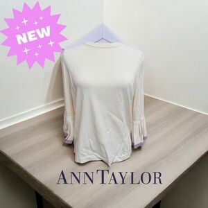 NWT 🤍💜 Ann Taylor white fine gauge sweater with pleated 3/4 sleeves purple